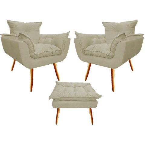 Kit 2 Poltronas + Puff Decorativo Opala Suede Bege Pés Madeira Mz Decor