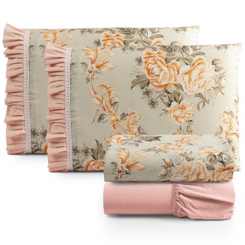 Jogo de Lençol Cama Casal 4 Peças 100% Algodão Percal 180 fios Babadinho: Salmão Floral