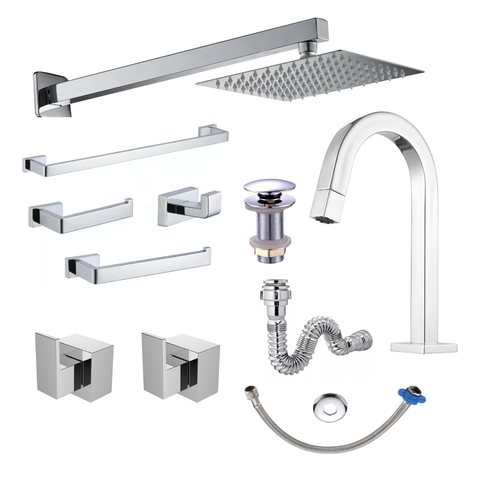 Kit Completo para Banheiro Lavatório com Ducha 20x20 Gás Solar e Válvula Click 7/8 Metal Premium