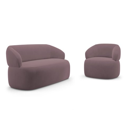 Kit Poltrona Giratória e Sofá Orgânico Living Glee 03 Lugares 170cm Veludo Rosê - Desk Design