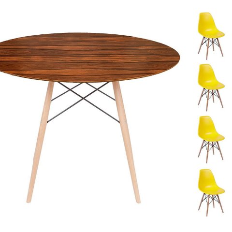Conjunto Mesa Eames Eiffel Dsw Redonda Pau Ferro 120cm + 4 Cadeiras Eames Dsw - Amarela Mgsaarinen