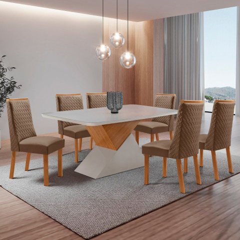 Mesa de Jantar Aster 180cm Tampo MDF Vidro Canto Copo com 6 Cadeiras Carolina