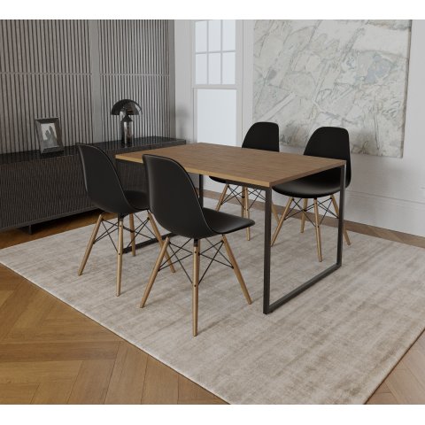 Mesa Industrial Base de Ferro Preto Tampo 137x90 Amêndoa 4 Cadeiras Eames Madeira Assento Preto