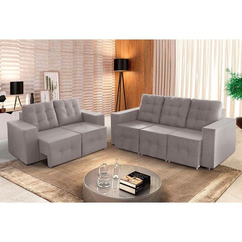 Sofá Veneza 5 Lugares, Conjunto 3e2 - Retrátil - de Casa Décor e Estofados Cinza Claro