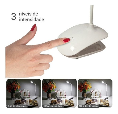 Luminária De Mesa Clip Branco Led Touch Dimerizável Bivolt 2W Branco Quente - 2