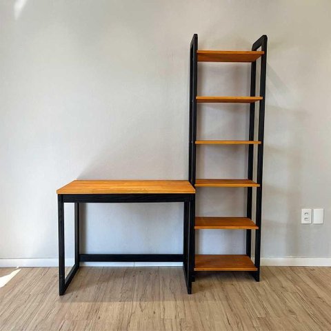 Home Office Escrivaninha e Estante Linea Slim Moderno sem Gavetas Madeira Pinus 96cm Carvalho