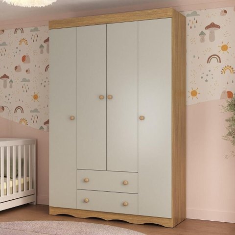 Guarda-roupa Infantil 122cm 4 Portas e 2 Gavetas Realeza Multimóveis Mp4453 Madeirado/off White