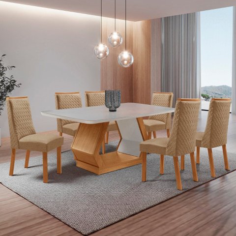 Mesa de Jantar Alvorada 180cm Tampo MDF Vidro Canto Copo com 6 Cadeiras Carolina