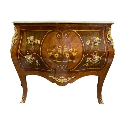 Cômoda Clássica Marchetada com 2 Gavetas e Tampo em Mármore - 84x124x52cm