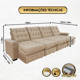 Sofá Coliseu 4.00m Retrátil e Reclinável Super Pillow - Bege - 2