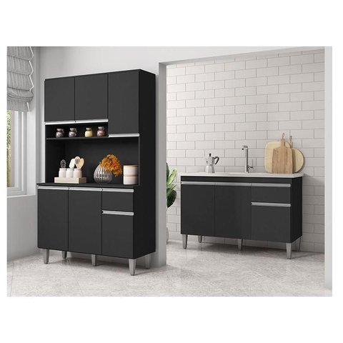 Balcão de Pia Tatiane 120 Cm e Armário Cozinha Kit Márcia Ambiente Preto Fosco - Ajl