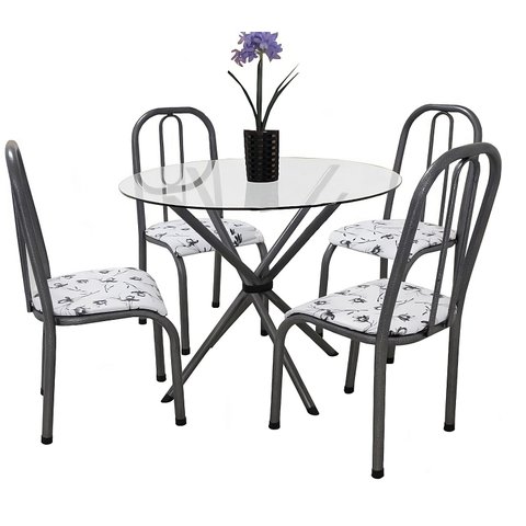 Conjunto Mesa redonda 90cm aço tampo de Vidro 8mm com 4 cadeiras para Sala jantar cozinha campeã de
