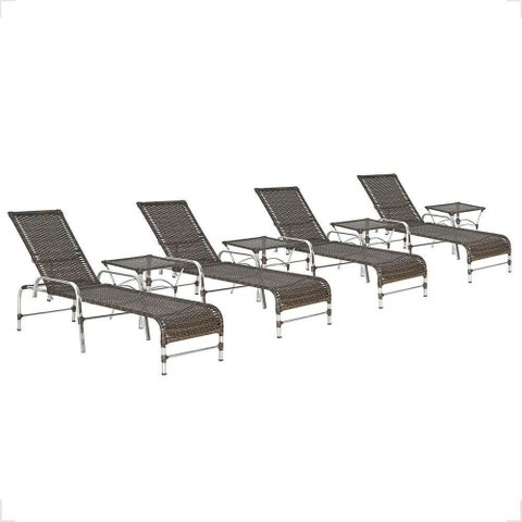 4 Espreguiçadeira Catar e 4 Mesa Garden Alumínio e Fibra Pedra Ferro