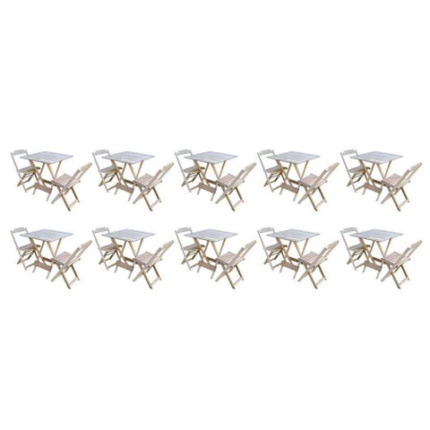 Kit 10 Conjuntos de Mesa Dobravel com 2 Cadeiras de Madeira 70x70 - sem Pintura