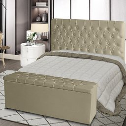 Kit de Quarto Cabeceira de Cama Box e Calçadeira Baú Bella Casal Queen 160 Cm Suede Botão Strass Beg - 2