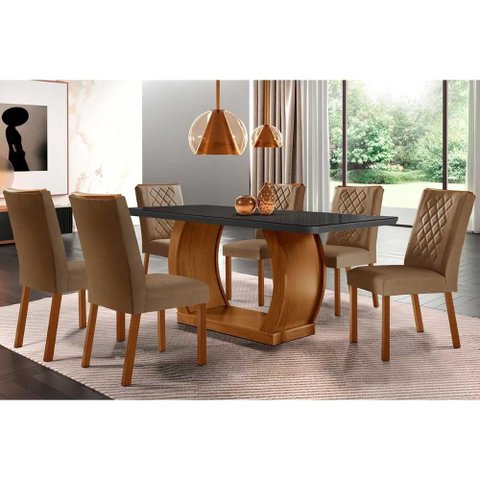 Sala de Jantar Completa Jade C/tampo Madeirado Vidro Canto Curvo 180x90cm e 6 Cadeiras Jade Imbuia/