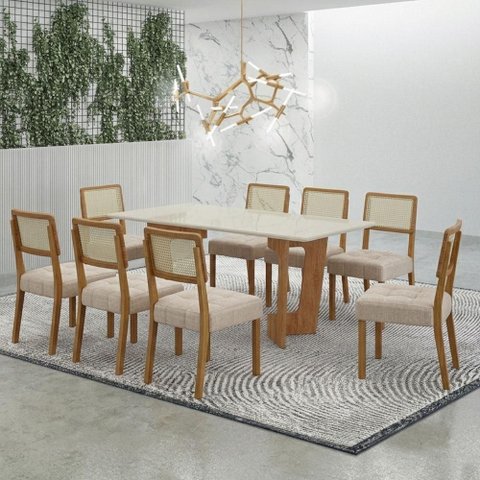 Mesa de Jantar Liz 180x90cm Vidro 25mm Cinamomo Off White com Kit 8 Cadeiras Linho Bege -Valdemó