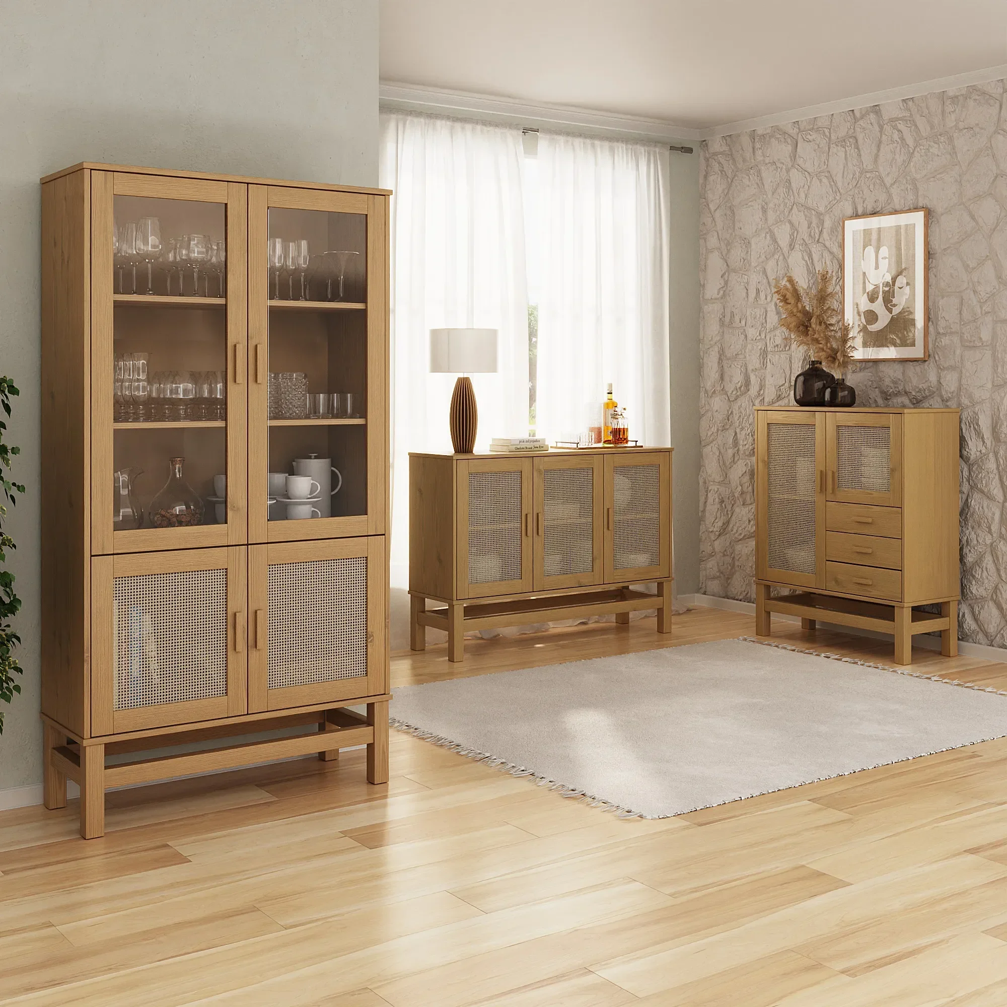 Ver imagem 7 de Balcão Buffet Madeira e Rattan 02 Portas e 03 Gavetas