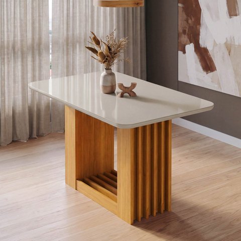 Mesa de Jantar Retangular 130x80cm MDF/Vidro Jambu CabeCasa MadeiraOriginals Off White/Cinamomo