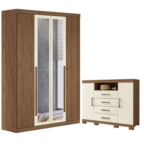 Guarda Roupa Casal Ripado 4 Portas Buriti com Espelho e Cômoda Havana Master com Pés Jatobá Areia Ac