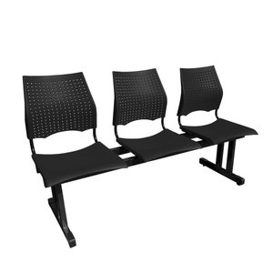 Longarina 3 Lugares Versat Assento Encosto Plástico Coluna Dupla para Recepção Escritório Preta