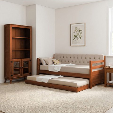Kit Sofá-Cama Verona e Livreiro com 2 Portas de Madeira Madri Alto Padrão Multifuncional Castanho