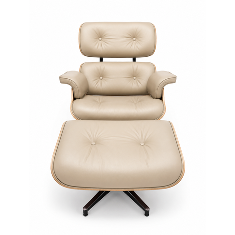 Poltrona Charles Eames com Puff - Couro Marfim 254 - Imbuia