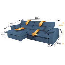 Sofá Retrátil Reclinável 2,50m Nivus Azul c/ Molas Ensacadas - King House - 3