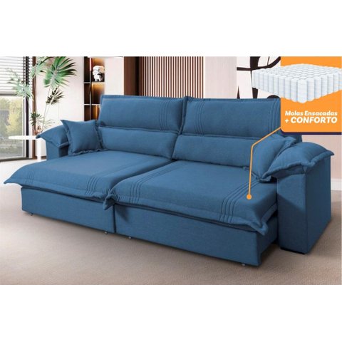Sofá Retrátil Reclinável 2,50m Nivus Azul C/ Molas Ensacadas - King House