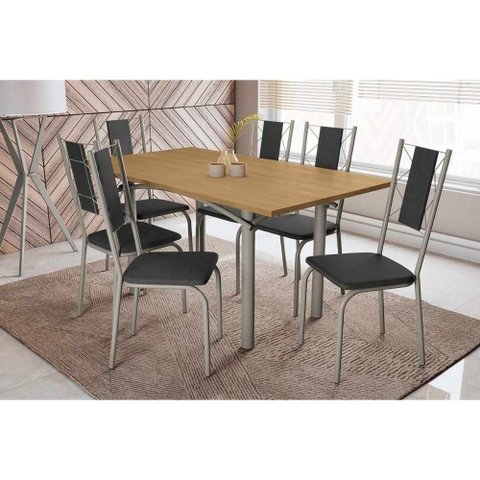 Conjunto: Mesa Sala Jantar Elba C/ Tampo de Madeira 160cm e 6 Cadeiras Lisboa Niquel/nogueira -
