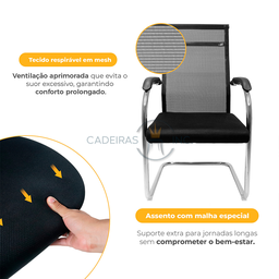 Cadeira de Escritório Diretor com Base Fixa Atendimentos Consultório London Mesh Preta - 2