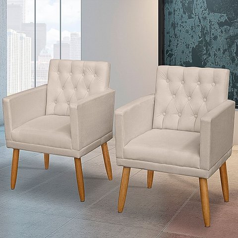 Jogo 2 Poltronas Decorativa para Cliente Salão de Beleza Tecido Suede Pés em Madeira Natural