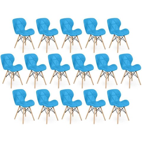 Kit 16 Cadeiras de Jantar Charles Eames Slim Wood Estofada - Azul
