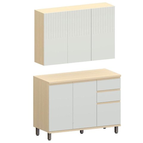 Kit Armário Aéreo 3 Portas e Balcão de Cozinha 120 Cm Aurora Cinza Cristal Pet/cinza Cristal