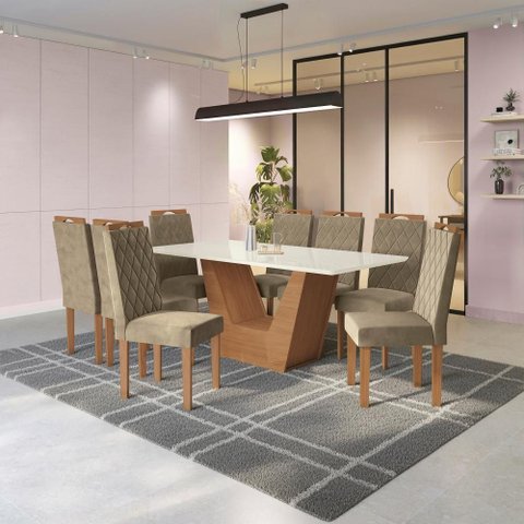 Conjunto Sala de Jantar Verbana Kappesberg 8 Cadeiras Veludo Bege