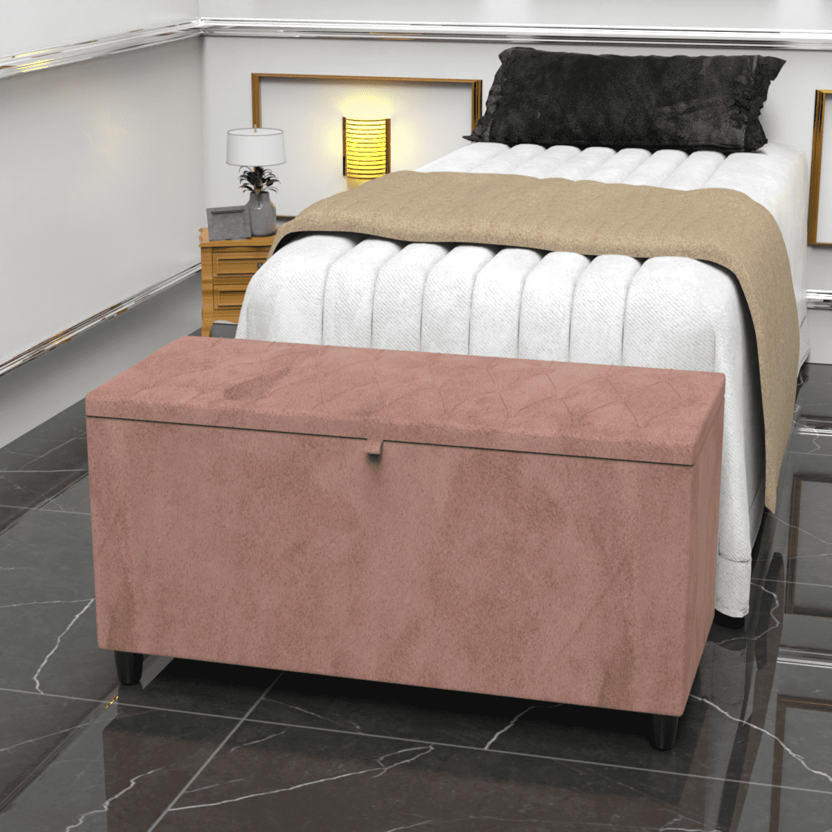 Recamier Baú Casal Estofado Capitonê 85 Cm para Quarto - Rosa