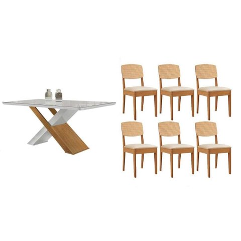Sala Jantar Mesa Imperatriz Tampo c/ Vidro Curvo 180cm+6 Cadeiras Havana Naturale/Off White - Suede