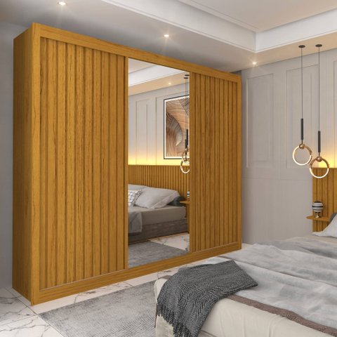 Royale Ripado 3P Roupeiro c/1 Porta Espelho Cor:Naturale e Naturale Ripado