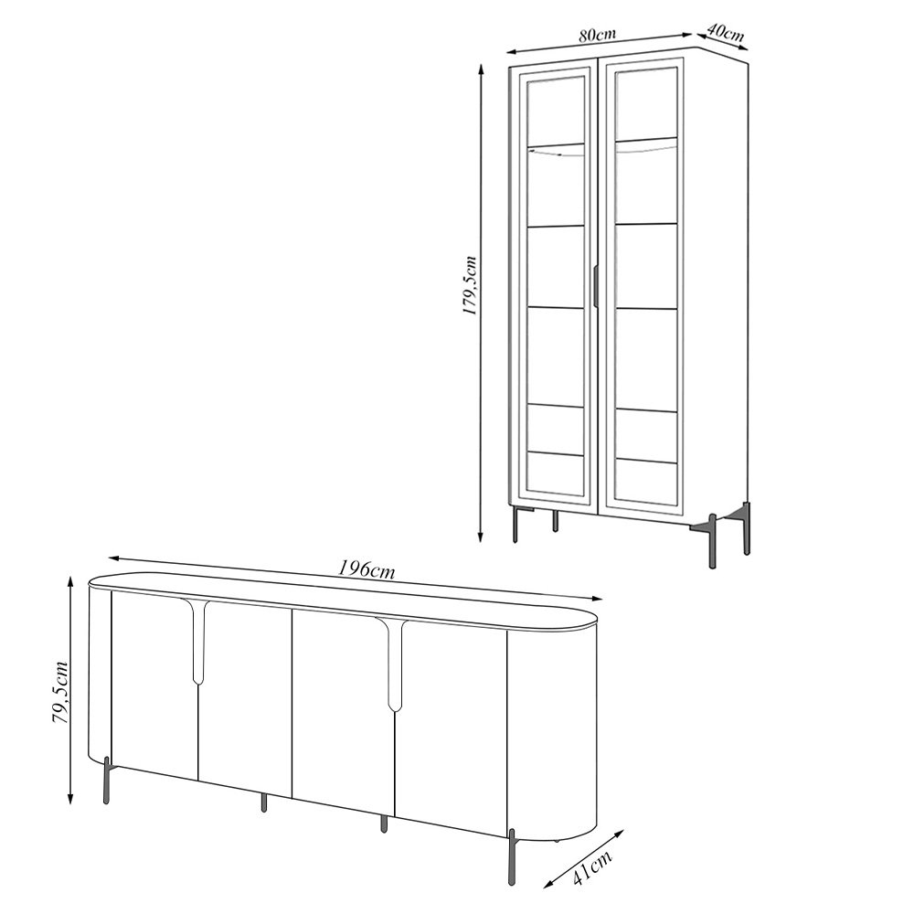 Conjunto Cristaleira Decorativa Vitória 2 Portas de Vidro e Buffet América 4 Portas Pés Metálicos do - 5