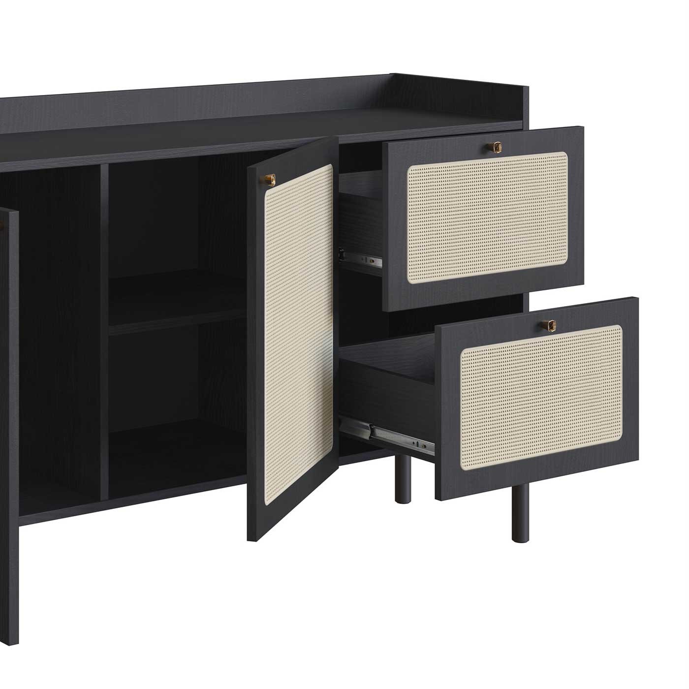 Balcão Buffet 2 Portas 2 Gavetas 139cm Palhinha Pé Madeira Oslo Artesano | Hanover - Nero/preto - 4