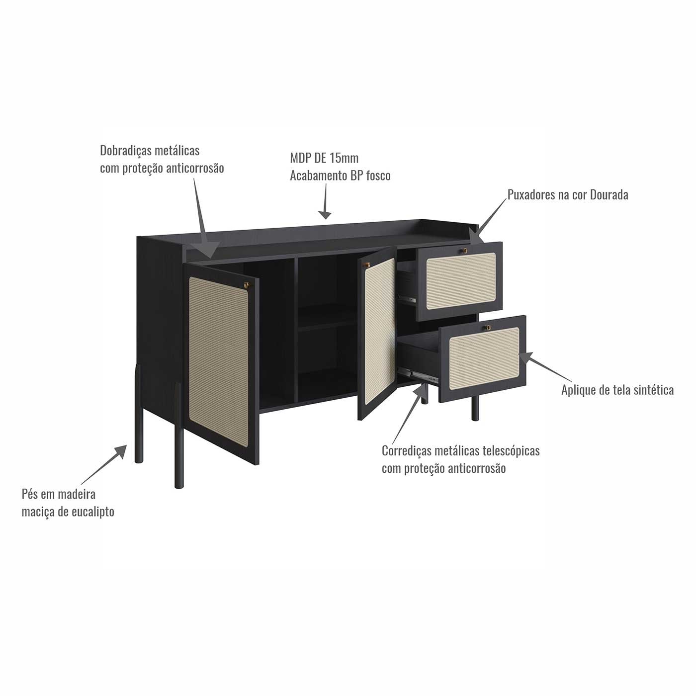 Balcão Buffet 2 Portas 2 Gavetas 139cm Palhinha Pé Madeira Oslo Artesano | Hanover - Nero/preto - 3