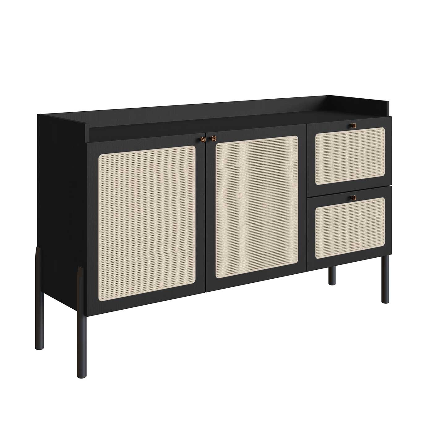 Balcão Buffet 2 Portas 2 Gavetas 139cm Palhinha Pé Madeira Oslo Artesano | Hanover - Nero/preto - 2