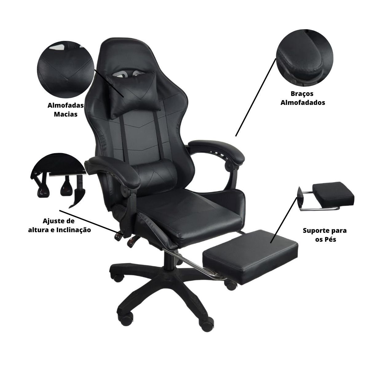 Cadeira Gamer Stillus Ergonômica com Apoio para Os Pés - Preto - 7