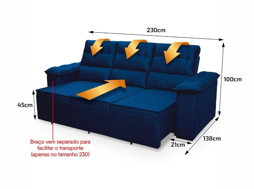 Sofá Retrátil Reclinável 4 Lugares com Molas 2,30m Quantum Suede Velut Azul - King House - 3