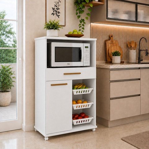 Fruteira para Cozinha 3 Cestos 1 Porta 1 Gaveta com Rodízios Fortaleza Espresso Móveis