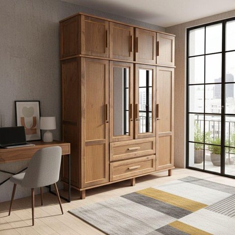 Guarda-Roupa 8 Portas com Espelho Atenas Bege/Ypê