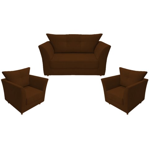 Kit Namoradeira + 2 Poltronas Decorativa Isis Suede Marrom Pés Madeira Mz Decor