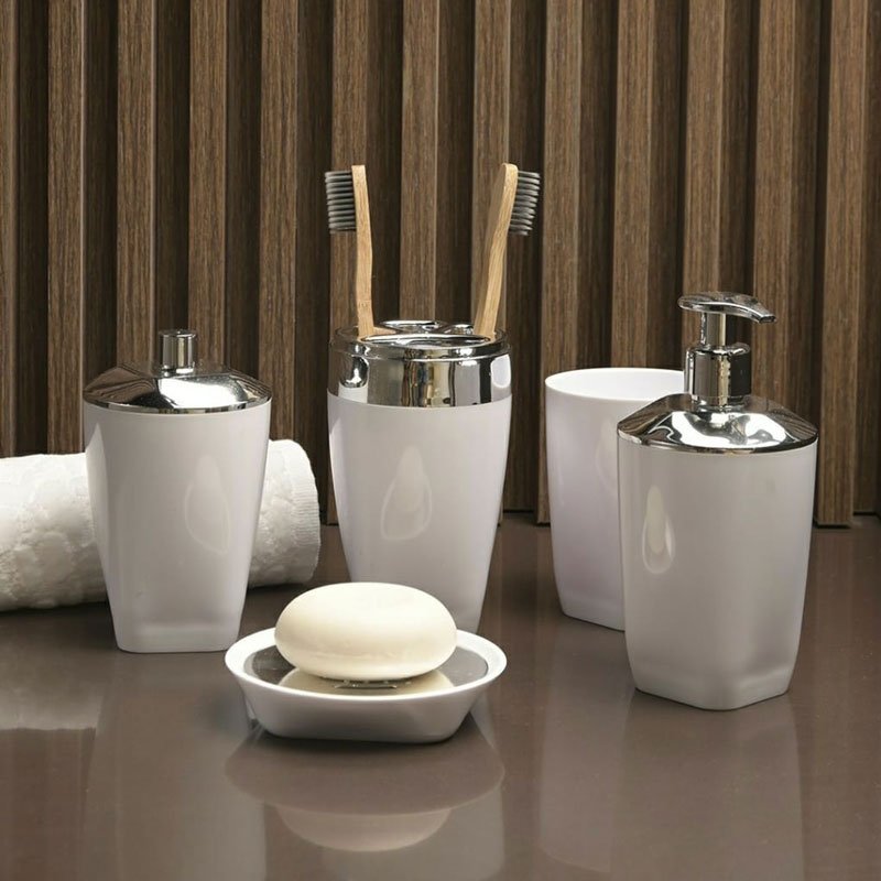 Porta Sabonete Liquido e Algodao Jogo de Banheiro Branco Prata - 2