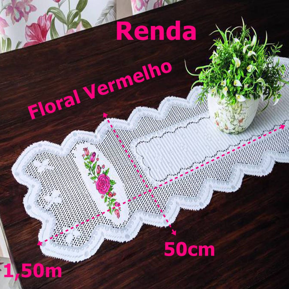 Trilho para Mesa Interlar Renda Floral Vermelho 50cmx1,50m Branco - 4