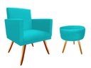 Ver imagem 1 de Kit Poltrona Decorativa Bia + Puff Redondo Suede Azul Tifany Pés Madeira Mz Decor